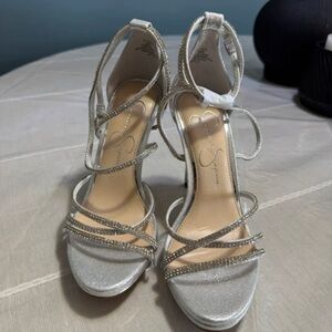 Jessica Simpson Silver Glitter Multi-Strap Heeled Sandals